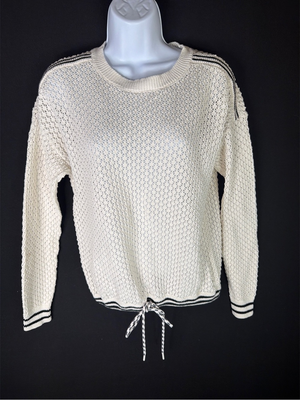 Lou & Grey Academia Preppy Cream Knit Drawstring Sweater with Contrast Trim